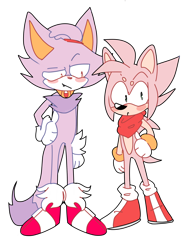 Size: 960x1280 | Tagged: safe, artist:artyyline, amy rose, blaze the cat, amy x blaze, amybetes, bandana, blazebetes, blushing, cute, duo, frown, gay, gender swap, hand on hip, looking at them, looking at viewer, one fang, r63 shipping, shipping, simple background, smile, standing, surprised, transparent background