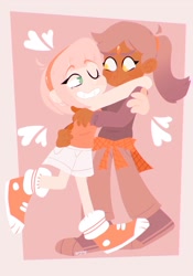 Size: 1430x2048 | Tagged: safe, artist:artyyline, amy rose, blaze the cat, human, abstract background, amy x blaze, blushing, cute, duo, heart, hug, hugging, humanized, lesbian, looking at each other, no outlines, one eye closed, shipping, smile, standing