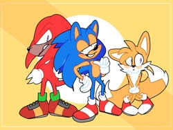 Size: 1280x960 | Tagged: safe, artist:artyyline, knuckles the echidna, miles "tails" prower, sonic the hedgehog, sonic heroes, abstract background, blushing, cute, floppy ear, frown, lidded eyes, looking at viewer, looking offscreen, smile, standing, tailabetes, team sonic, trio