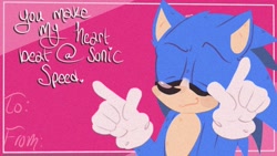 Size: 1280x720 | Tagged: safe, artist:artyyline, sonic the hedgehog, blushing, card, cute, english text, eyes closed, movie style, pointing, smile, solo, valentine's day, valentine's day card