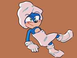 Size: 2048x1536 | Tagged: safe, artist:artyyline, sonic the hedgehog, blushing, chest fluff, looking up, movie style, orange background, simple background, smile, towel