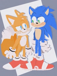 Size: 1536x2048 | Tagged: safe, artist:artyyline, miles "tails" prower, sonic the hedgehog, sonic the hedgehog 2 (2022), abstract background, blushing, cute, duo, looking at each other, movie style, smile
