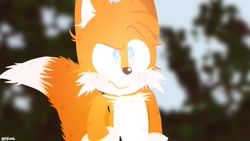 Size: 1280x720 | Tagged: safe, artist:artyyline, miles "tails" prower, sonic the hedgehog 2 (2022), abstract background, backpack, frown, looking offscreen, no outlines, raised eyebrow, redraw, signature, solo, standing