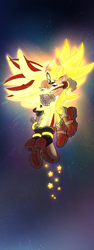 Size: 696x1848 | Tagged: safe, artist:meronabar, shadow the hedgehog, sonic the hedgehog, super shadow, super sonic, abstract background, duo, eyes closed, flying, gay, holding each other, lidded eyes, looking at them, mid-air, shadow x sonic, shipping, smile, star (sky), star (symbol), super form
