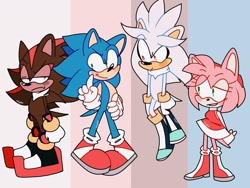 Size: 1280x960 | Tagged: safe, artist:artyyline, amy rose, shadow the hedgehog, silver the hedgehog, sonic the hedgehog, hedgehog, abstract background, blushing, cute, flying, frown, group, lidded eyes, looking at them, pointing, smile, standing