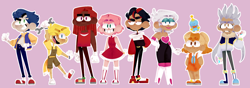 Size: 2048x717 | Tagged: safe, artist:head---ache, amy rose, cheese (chao), cream the rabbit, knuckles the echidna, miles "tails" prower, rouge the bat, shadow the hedgehog, silver the hedgehog, sonic the hedgehog, chao, human, cute, eyebrow clipping through hair, frown, group, holding something, humanized, looking at viewer, looking offscreen, neutral chao, outline, purple background, simple background, smile, standing, wink, wrench