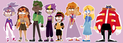 Size: 2048x717 | Tagged: safe, artist:head---ache, blaze the cat, charmy bee, espio the chameleon, maria robotnik, robotnik, sticks the badger, vanilla the rabbit, vector the crocodile, human, blushing, cute, eyebrow clipping through hair, frown, group, humanized, looking at viewer, looking offscreen, outline, purple background, simple background, smile, standing, team chaotix