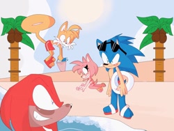 Size: 1280x960 | Tagged: safe, artist:artyyline, amy rose, knuckles the echidna, miles "tails" prower, sonic the hedgehog, abstract background, beach, beach outfit, bikini, blushing, bucket, clouds, coconut, cute, daytime, eyebrow clipping through hair, flying, holding something, looking at each other, looking at something, outdoors, palm tree, paws, sandals, smile, spinning tails, standing, sunglasses, swimming tube, water