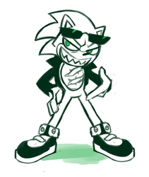 Size: 502x594 | Tagged: safe, artist:ohthatnk, scourge the hedgehog, hand on hip, lidded eyes, line art, looking offscreen, shadow (lighting), sharp teeth, simple background, smile, solo, standing, white background