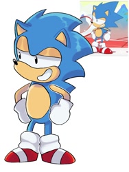 Size: 768x1024 | Tagged: safe, artist:franlinxjk_, sonic the hedgehog, sonic mania, 2022, classic sonic, hands on hips, lidded eyes, looking offscreen, redraw, reference inset, simple background, smile, solo, white background