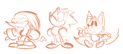Size: 1280x567 | Tagged: safe, artist:theredblooper, knuckles the echidna, miles "tails" prower, sonic the hedgehog, classic knuckles, classic sonic, classic tails, eyes closed, frown, line art, looking offscreen, mouth open, simple background, sketch, smile, team sonic, trio, white background
