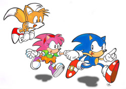 Size: 786x558 | Tagged: safe, artist:imanoreocomeatme-blog, amy rose, miles "tails" prower, sonic the hedgehog, classic amy, classic sonic, classic tails, flying, mouth open, pointing, running, shadow (lighting), signature, simple background, smile, trio, white background