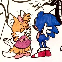 Size: 1280x1269 | Tagged: safe, artist:notnights, miles "tails" prower, sonic the hedgehog, bow, classic sonic, classic tails, cute, dialogue, dress, duo, eyes closed, fangs, femboy, looking at them, penwork, smile, standing, tailabetes, traditional media