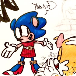 Size: 1280x1280 | Tagged: safe, artist:notnights, miles "tails" prower, sonic the hedgehog, clapping, classic sonic, classic tails, cute, dialogue, dress, duo, english text, eyes closed, fangs, femboy, heels, looking at them, penwork, sfx, smile, standing, traditional media
