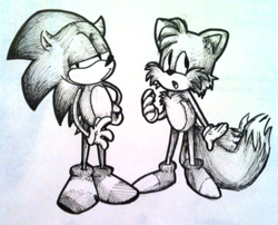 Size: 615x498 | Tagged: safe, artist:notnights, miles "tails" prower, sonic the hedgehog, duo, lidded eyes, looking at viewer, looking up, mouth open, pencilwork, standing, traditional media