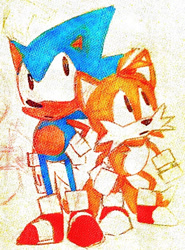 Size: 388x523 | Tagged: safe, artist:notnights, miles "tails" prower, sonic the hedgehog, :|, classic sonic, classic tails, duo, looking offscreen, looking up, standing, traditional media