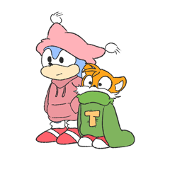 Size: 716x746 | Tagged: safe, artist:rabbit-ribbits, miles "tails" prower, sonic the hedgehog, clothes, duo, flat colors, hands in pocket, hat, hoodie, looking ahead, looking offscreen, oversized, simple background, smile, standing, white background