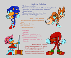 Size: 1280x1050 | Tagged: safe, artist:notnights, knuckles the echidna, miles "tails" prower, sonic the hedgehog, hybrid, :3, amybetes, character name, cute, english text, fangs, grey background, group, headcanon, holding something, lidded eyes, piko piko hammer, simple background, smile, sonabetes, standing, tailabetes