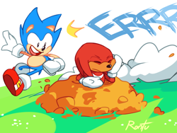 Size: 1000x750 | Tagged: safe, artist:rontufox, knuckles the echidna, sonic the hedgehog, abstract background, classic knuckles, classic sonic, dirt, duo, dust clouds, eyes closed, frown, grass, head rest, running, sfx, signature, smile