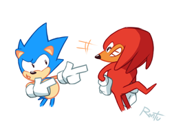 Size: 1000x750 | Tagged: safe, artist:rontufox, knuckles the echidna, sonic the hedgehog, classic knuckles, classic sonic, duo, fingergun, laughing, looking at them, signature, simple background, smile, standing, white background