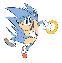 Size: 973x991 | Tagged: safe, artist:theredblooper, sonic the hedgehog, holding something, looking at viewer, mouth open, ring, simple background, smile, solo, white background