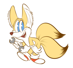 Size: 1024x946 | Tagged: safe, artist:theredblooper, miles "tails" prower, holding something, looking at viewer, mouth open, simple background, smile, solo, standing on one leg, white background, wrench