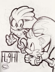 Size: 993x1280 | Tagged: safe, artist:notnights, miles "tails" prower, silver the hedgehog, duo, english text, flying, line art, looking at each other, smile, sonic runners, spinning tails, traditional media