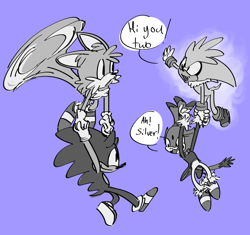 Size: 1060x998 | Tagged: safe, artist:notnights, blaze the cat, miles "tails" prower, silver the hedgehog, sonic the hedgehog, carrying them, dialogue, english text, flying, greyscale, group, holding them, looking at them, mouth open, purple background, simple background, smile, speech bubble, spinning tails