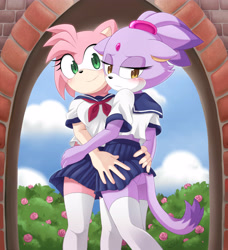 Size: 4000x4389 | Tagged: suggestive, artist:littlemeese, amy rose, blaze the cat, cat, hedgehog, 2023, amy x blaze, blushing, cute, female, females only, hand on butt, lesbian, looking at viewer, looking back at viewer, schoolgirl outfit, shipping, smile