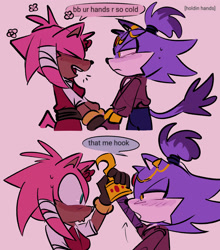 Size: 1803x2048 | Tagged: safe, artist:youhalfwit, amy rose, blaze the cat, cat, hedgehog, 2024, amy x blaze, cute, english text, eyes closed, female, females only, flowers, holding hands, hook, lesbian, mouth open, pirate outfit, shipping, speech bubble, sweatdrop