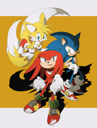 Size: 569x750 | Tagged: safe, artist:fumomo, knuckles the echidna, miles "tails" prower, sonic the hedgehog, team sonic