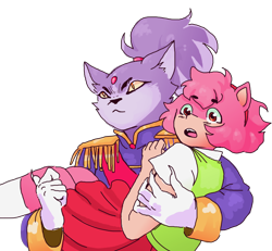 Size: 1280x1185 | Tagged: safe, artist:ddeeric, amy rose, blaze the cat, cat, hedgehog, 2015, amy x blaze, carrying them, cute, female, females only, lesbian, looking at them, shipping
