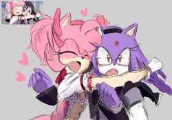 Size: 2048x1423 | Tagged: safe, artist:kyradrawss, amy rose, blaze the cat, cat, hedgehog, 2024, amy x blaze, crossover, cute, eyes closed, female, females only, glasses, hearts, hugging, lesbian, looking at viewer, shipping