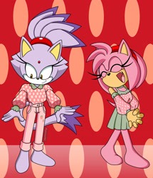 Size: 3117x3630 | Tagged: safe, artist:jalonso980, amy rose, blaze the cat, cat, hedgehog, 2024, alternate outfit, amy x blaze, cute, eyes closed, female, females only, hands together, lesbian, mouth open, shipping, smile