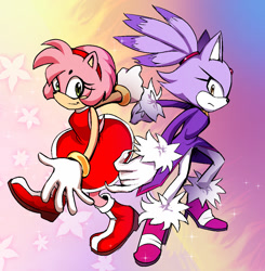 Size: 1022x1042 | Tagged: safe, artist:ddeeric, amy rose, blaze the cat, cat, hedgehog, sonic adventure 2, 2022, amy x blaze, amy's halterneck dress, blaze's tailcoat, female, females only, lesbian, looking at viewer, shipping