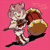 Size: 754x750 | Tagged: safe, artist:fumomo, amy rose, hedgehog, dress, fangs, hammer, holding something, japanese text, looking at viewer, mouth open, piko piko hammer, pink background, shadow (lighting), simple background, smile, solo, were form, werehog