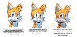 Size: 2048x981 | Tagged: dead source, safe, artist:thatbirdguy_, miles "tails" prower, english text, shading tutorial, simple background, solo, sparkles, tutorial, white background