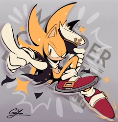 Size: 3278x3401 | Tagged: safe, artist:crazy_pstg, sonic the hedgehog, super sonic, the murder of sonic the hedgehog, character name, looking at viewer, pointing, signature, smile, solo, sparkles, super form