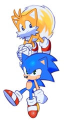 Size: 595x1109 | Tagged: safe, artist:mossan315, miles "tails" prower, sonic the hedgehog, 2022, carrying them, classic sonic, classic tails, cute, duo, flying, holding hands, looking offscreen, simple background, smile, sonabetes, spinning tails, tailabetes, white background