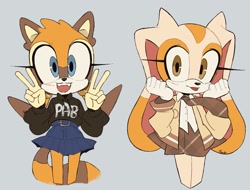 Size: 1917x1458 | Tagged: safe, artist:remimun, cream the rabbit, marine the raccoon, 2024, alternate outfit, double v sign, duo, looking at viewer, redraw, skirt, smile, standing, sweater, tie, tongue out, v sign