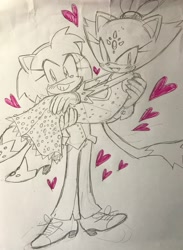 Size: 937x1280 | Tagged: safe, artist:moved-goodbai, amy rose, blaze the cat, cat, hedgehog, 2019, amy x blaze, carrying them, cute, female, females only, hearts, lesbian, line art, looking at viewer, shipping, sketch, traditional media