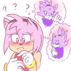 Size: 1280x1280 | Tagged: safe, artist:ddeeric, amy rose, blaze the cat, cat, hedgehog, 2017, amy x blaze, amy's halterneck dress, blaze's tailcoat, blushing, cute, dreaming, female, females only, lesbian, looking at viewer, question mark, shipping