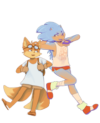 Size: 1280x1577 | Tagged: safe, artist:ddeeric, miles "tails" prower, sonic the hedgehog, backpack, clothes, duo, fingerless gloves, goggles, looking at each other, sandals, shirt, shorts, simple background, tank top, transparent background