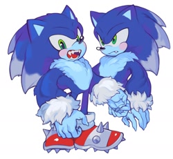 Size: 1850x1700 | Tagged: safe, artist:mossan315, sonic the hedgehog, 2022, blushing, cute, frown, looking at viewer, looking offscreen, one fang, simple background, solo, sonabetes, sonic the werehog, standing, were form, werehog, white background