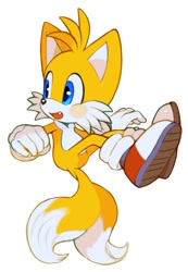 Size: 938x1359 | Tagged: safe, artist:mossan315, miles "tails" prower, 2022, alternate version, blushing, cute, looking back, looking offscreen, mid-air, mouth open, one fang, simple background, solo, tailabetes, white background