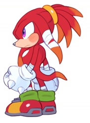 Size: 1012x1393 | Tagged: safe, artist:mossan315, knuckles the echidna, 2022, alternate version, blushing, cute, frown, hair up, knucklebetes, ponytail, simple background, solo, standing, white background