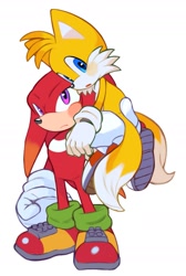 Size: 1187x1762 | Tagged: safe, artist:mossan315, knuckles the echidna, miles "tails" prower, 2022, alternate version, blushing, carrying them, cute, duo, frown, knucklebetes, mouth open, standing, tailabetes