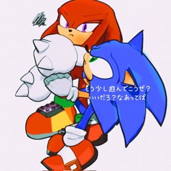 Size: 2048x2048 | Tagged: safe, artist:hedgehog__blue, knuckles the echidna, sonic the hedgehog, 2022, dialogue, duo, gay, grey background, japanese text, knuxonic, looking at each other, shipping, simple background, standing