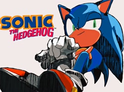 Size: 2048x1516 | Tagged: safe, artist:hedgehog__blue, sonic the hedgehog, 2022, character name, english text, grey background, logo, looking offscreen, simple background, smile, solo