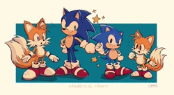 Size: 1323x725 | Tagged: safe, artist:oama_000, miles "tails" prower, sonic the hedgehog, 2022, border, classic sonic, classic tails, cute, fistbump, group, modern sonic, modern tails, self paradox, signature, smile, sonabetes, standing, star (symbol), tailabetes